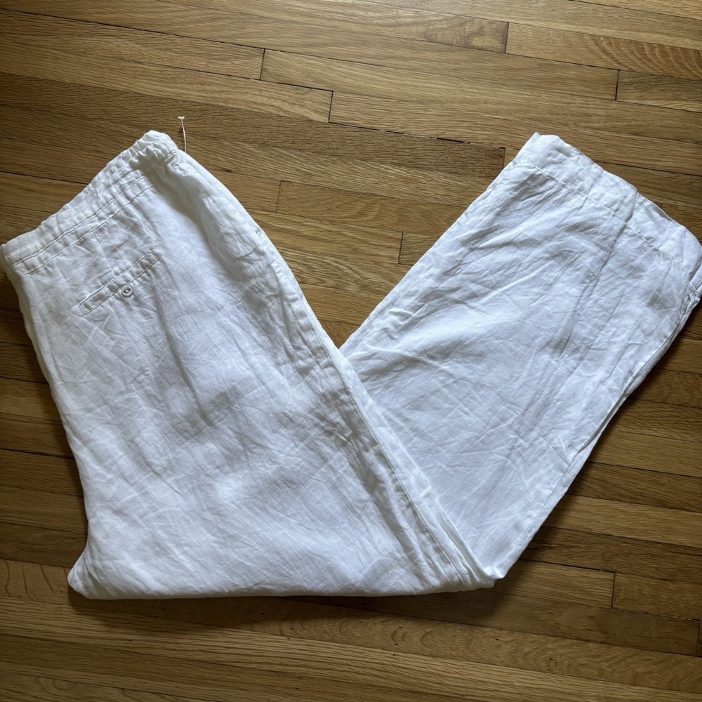 Charter Club Pant Shop 100% Linen White Wide Leg Drawstring Pants Womens XL Chic